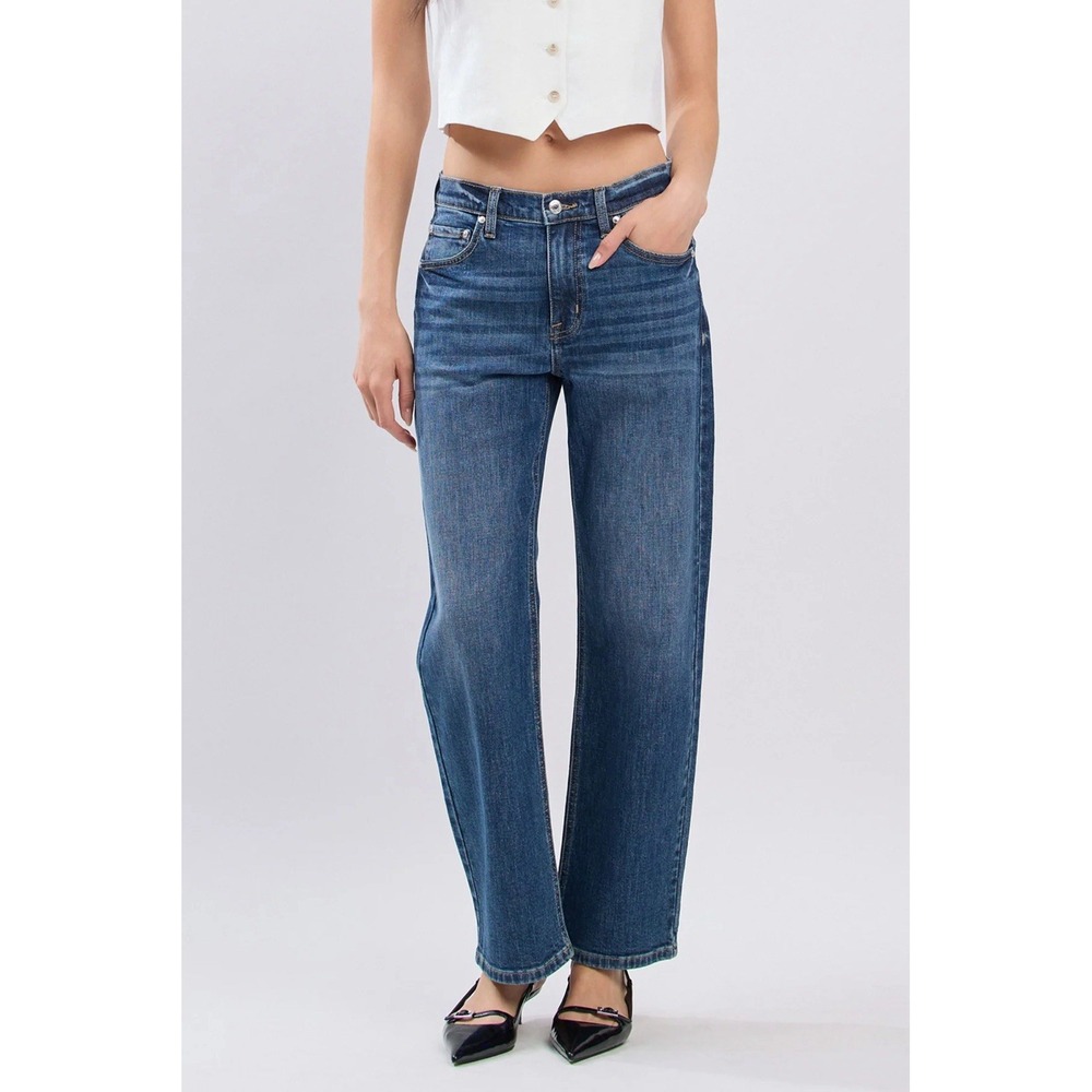 NWT Eunina Danica Bowed Straight Mid Rise Jeans Sz 7/28 Momcore Barrel Style - Picture 5 of 16